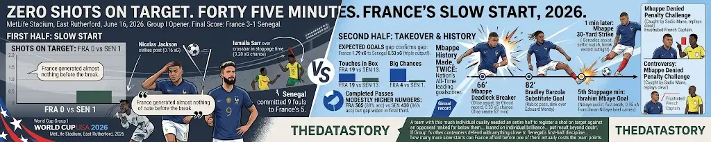 Zero Shots on Target. Forty Five Minutes. France's Slow Start, 2026 Zero shots on target. That is what France managed in the entire first half against Senegal, a number that makes the eventual 3-1 scoreline look like a far smoother night than it actually was. France beat Senegal at MetLife Stadium in East Rutherford on June 16, 2026, in their World Cup Group I opener, with Kylian Mbappe scoring twice to become his nation's all-time leading goalscorer. The headline will focus on history made. The real story is a team that needed forty five minutes to find any spark at all. Here is the direct answer first. Mbappe broke the deadlock in the 66th minute, finishing a through ball from Michael Olise to draw level with Olivier Giroud's France scoring record. Substitute Bradley Barcola doubled the lead in the 82nd minute, dinking over Edouard Mendy after a perfectly weighted Adrien Rabiot pass. Ibrahim Mbaye pulled one back for Senegal in the fifth minute of stoppage time, only for Mbappe to settle the contest one minute later with a thirty yard strike that moved him past Giroud and into the record books outright. France finished 3-1 winners and sit top of Group I. Make no mistake, the expected goals total confirms just how comprehensively France took over after the interval. France finished with 1.79 xG to Senegal's 0.53, more than triple their opponent's output, and almost all of it arrived after halftime. Senegal actually carried the better first-half moments by raw chance count, with Nicolas Jackson striking the post on an effort worth 0.16 xG and Ismaila Sarr blazing over from ten yards on a 0.20 xG chance in first-half stoppage time. France generated almost nothing of note before the break, a contrast that explains why zero of their shots found the target across the opening forty five minutes. Possession sat close, 53 percent for France to 47 for Senegal, a gap that barely hints at how the match actually unfolded across two distinct halves. What that possession produced split dramatically once France found their rhythm. Les Bleus completed 505 passes at 88 percent accuracy against Senegal's 430 at 86, modestly higher numbers across the board, yet the gap widened sharply in the final third, where France created four big chances to Senegal's one and recorded nineteen touches in the box compared to Senegal's thirteen. Shots on target told the starkest story of all, eight for France to just two for Senegal across the full match. Truth is, Mbappe's own night reflected the same arc as his team's performance. He finished with four shots on target from four attempts and 0.76 xG, the highest individual tally on the pitch by a wide margin, yet his first genuine sight of goal did not arrive until well into the second half. Olise created the chance worth 0.33 xG in the 53rd minute that Mendy saved, then assisted Mbappe's opener thirteen minutes later, a sequence that marked the moment France finally clicked into gear. Fouls and cards revealed a contest that grew increasingly stretched as Senegal chased the game. Senegal committed nine fouls to France's five, and Mbappe was denied what replays suggested was a clear penalty after being caught by Sadio Mane, a decision that left the French captain visibly frustrated before he settled matters with his finishing instead. One individual stat captures the closing stages better than any other. Iliman Ndiaye, on the pitch for less than ten minutes as a substitute, assisted Mbaye's stoppage-time goal with a quick-thinking pass after a fast break, generating 0.95 expected assists in his brief cameo, the single highest figure recorded by any player across the entire match. So here is the open question France now carry into their next group match. A team with this much individual quality needed an entire half to register a shot on target against an opponent ranked far below them, and still leaned on a moment of individual brilliance from a thirty yard strike to put the result beyond doubt. If Group I's other contenders defend with anything close to Senegal's first-half discipline, how many more slow starts can France afford before one of them actually costs the team points.